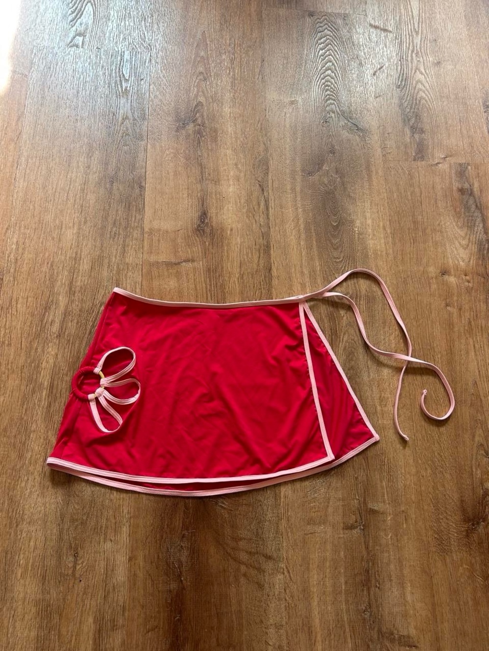 Follow Suit Women's Red Wrap Swim Skirt with Pink Trim & Ring Flower